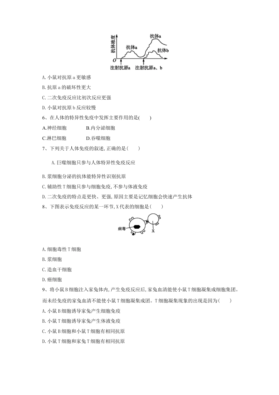 高中生物选修1 4.2 特异性免疫（练习）（原卷版）.doc