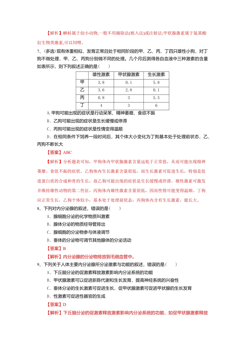 高中生物选修1 3.1 激素与内分泌系统（练习）（解析版）.doc