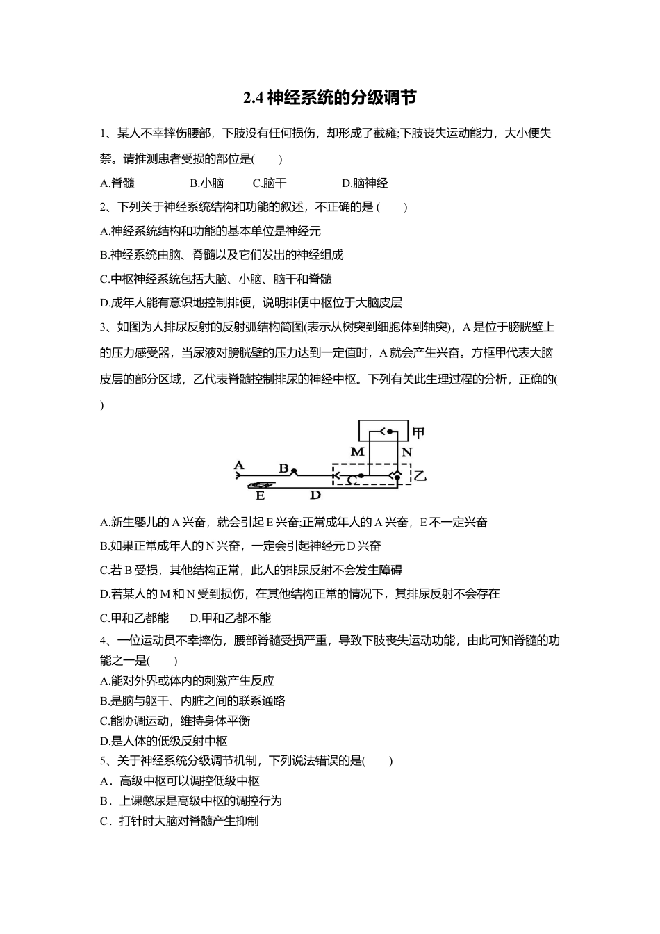 高中生物选修1 2.4 神经系统的分级调节（练习）（原卷版）.doc