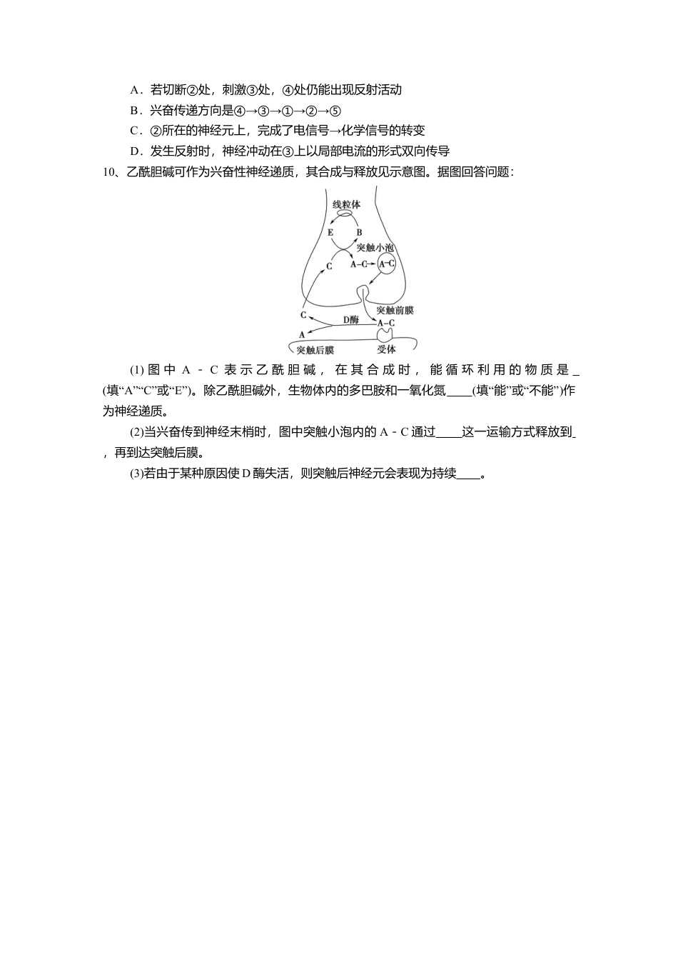 高中生物选修1 2.3 神经冲动的产生和传导（练习）（原卷版）.doc