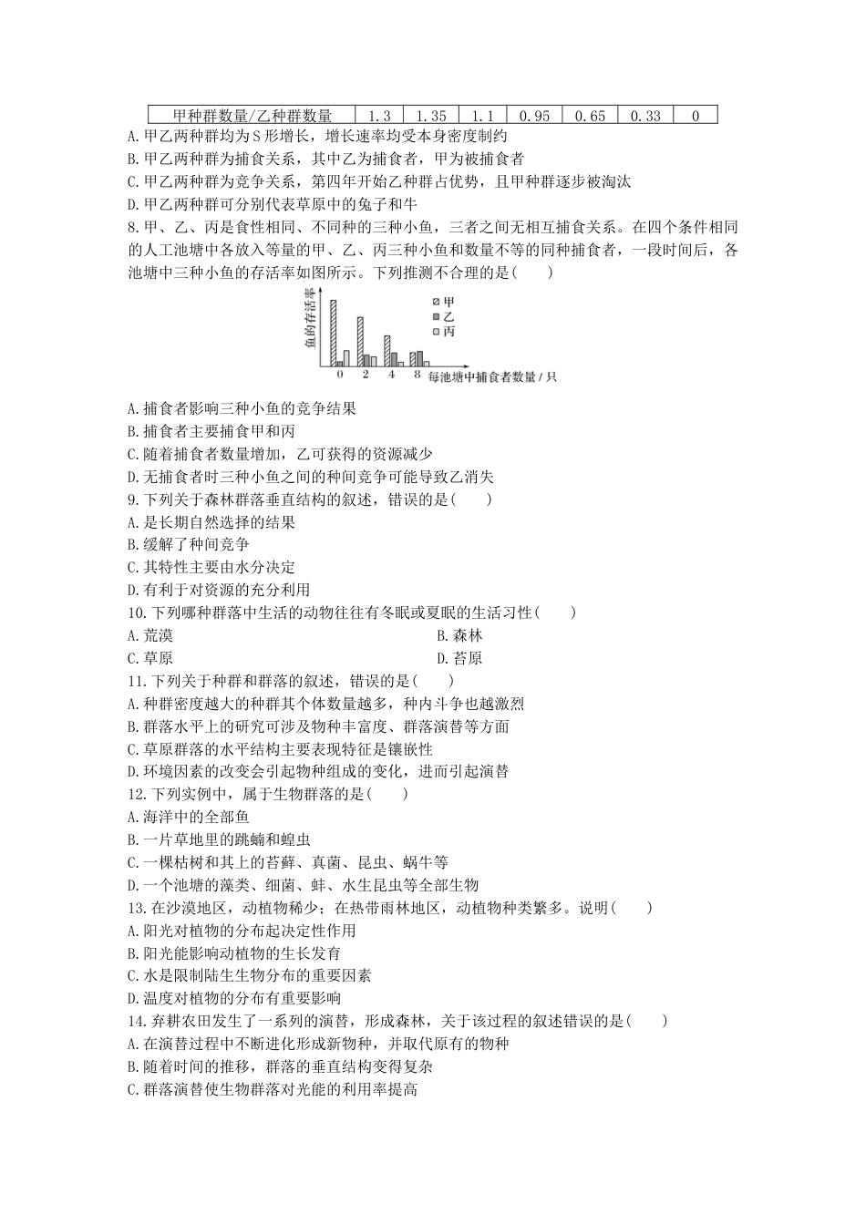 高中生物选修2 群落及其演替 单元检测卷(二) 同步练习【新教材】人教版（2019）高中生物选择性必修2.doc