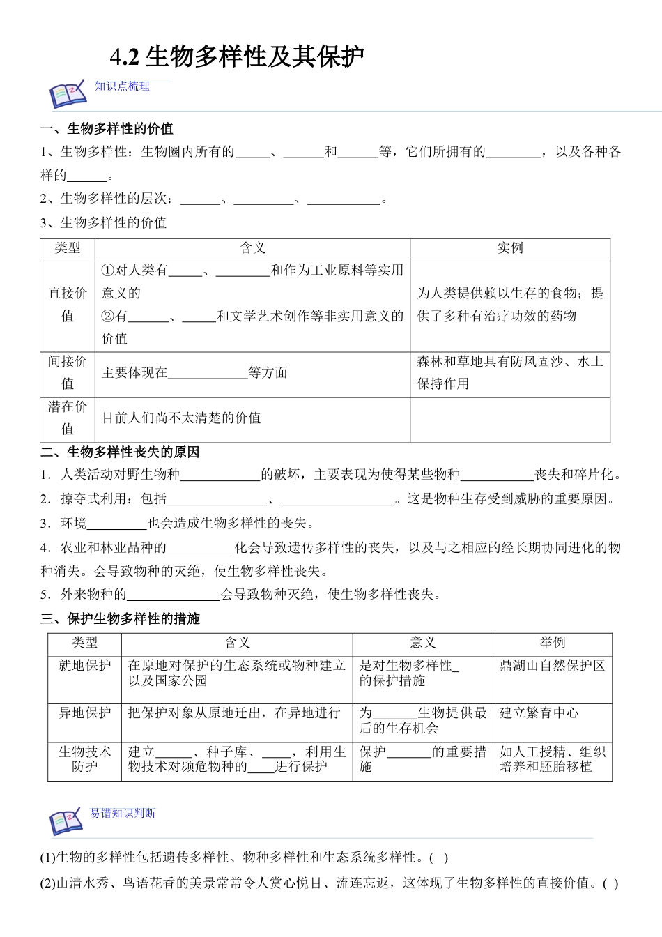 高中生物选修2 4.2 生物多样性及其保护（原卷版）.docx