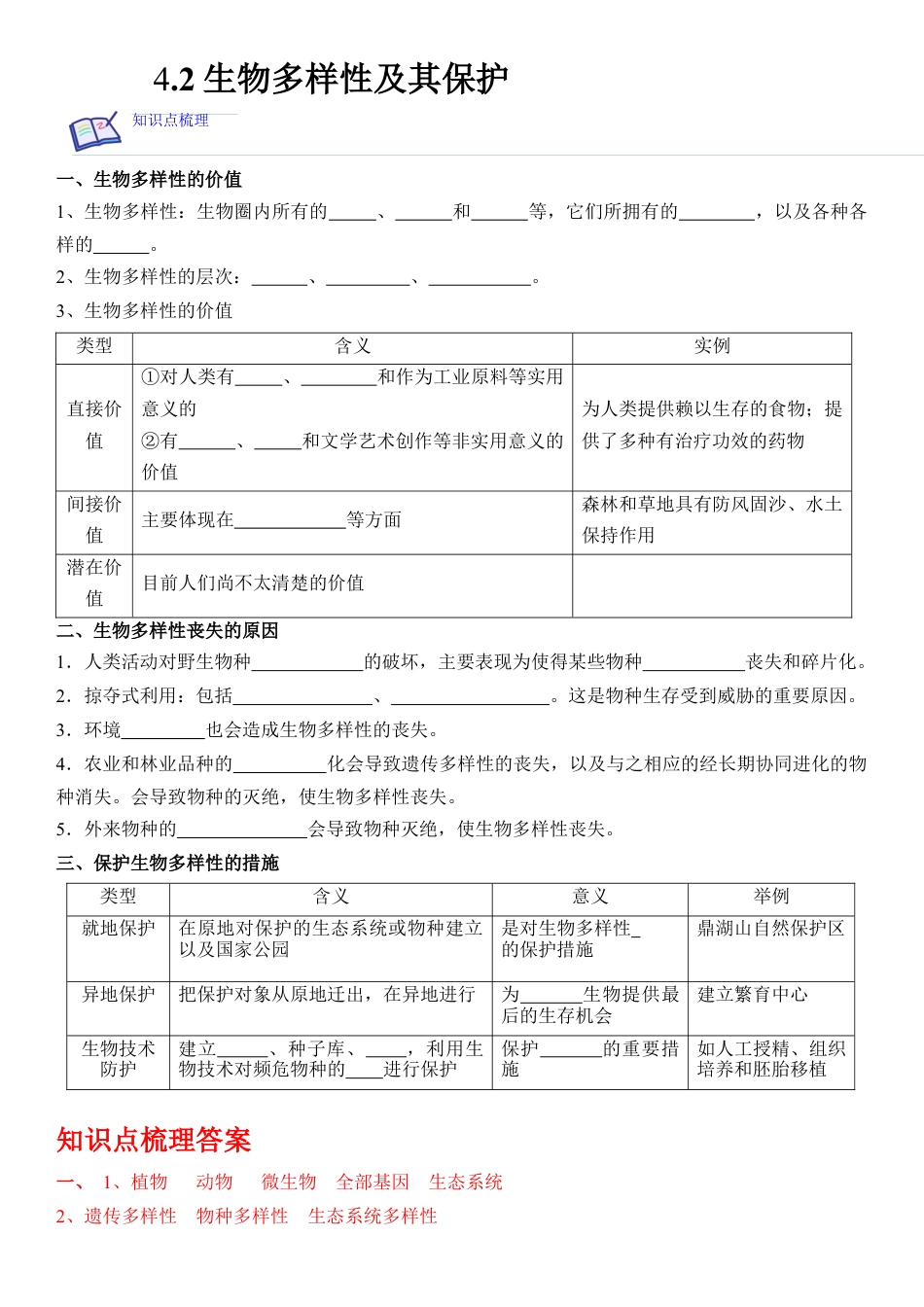 高中生物选修2 4.2 生物多样性及其保护（解析版）.docx