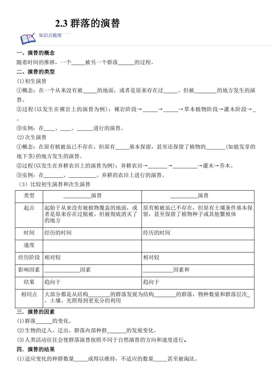 高中生物选修2 2.3 群落的演替（解析版）.docx