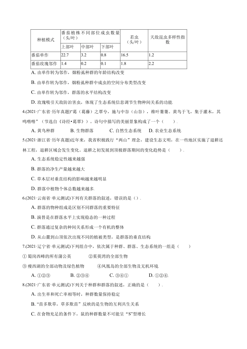 高中生物选修2 第02章 群落及其演替（A卷·夯实基础）高二生物同步单元AB卷（人教版2019选择性必修2）（原卷版）.doc