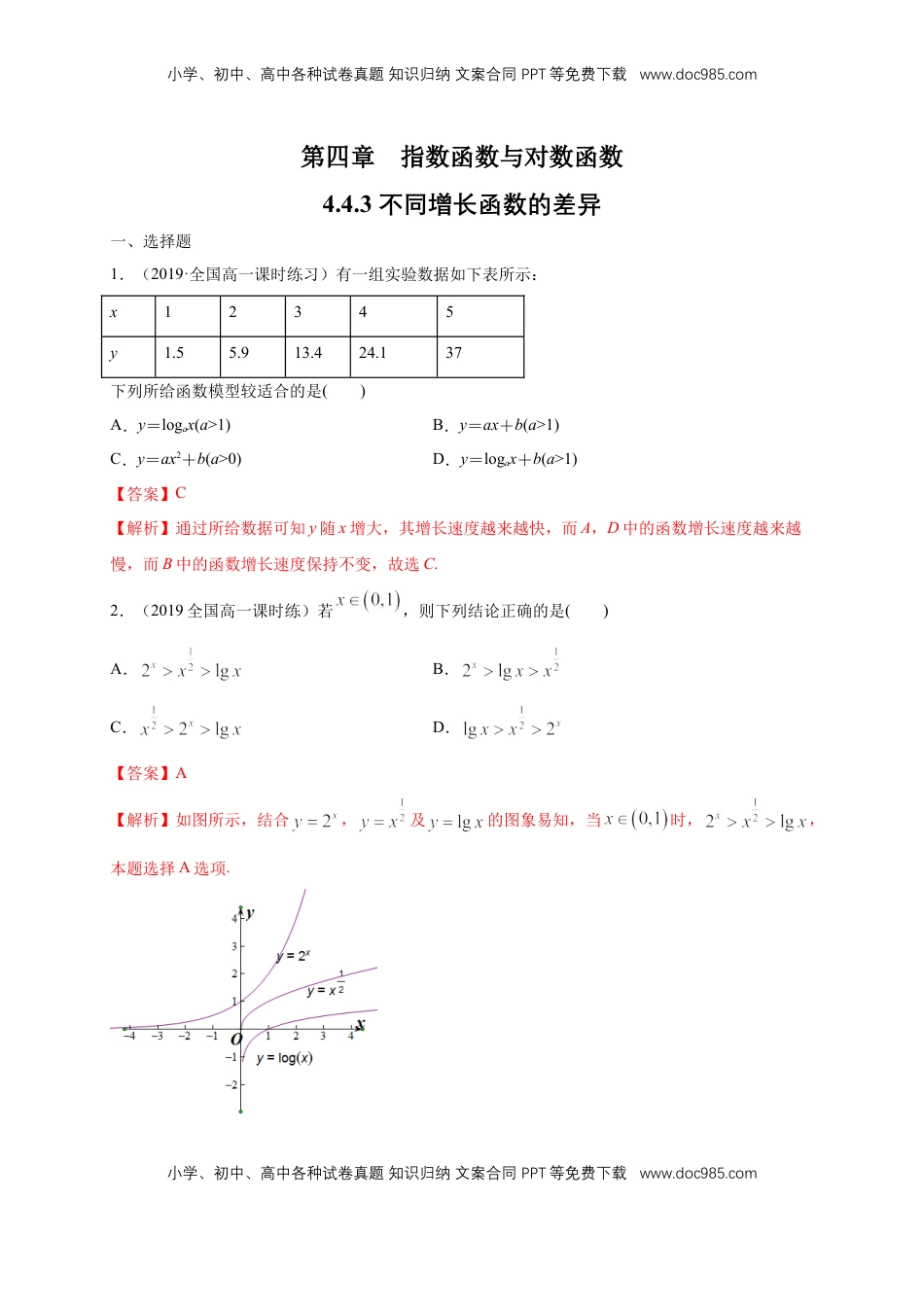 高中数学 必修14.4.3 不同增长函数的差异 练习（1）（解析版）.docx