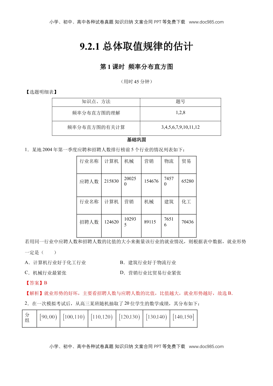 高中数学 必修2   【新教材精创】9.2.1 总体取值规律的估计（第1课时）频率分布直方图 同步练习（2）（解析版）.docx