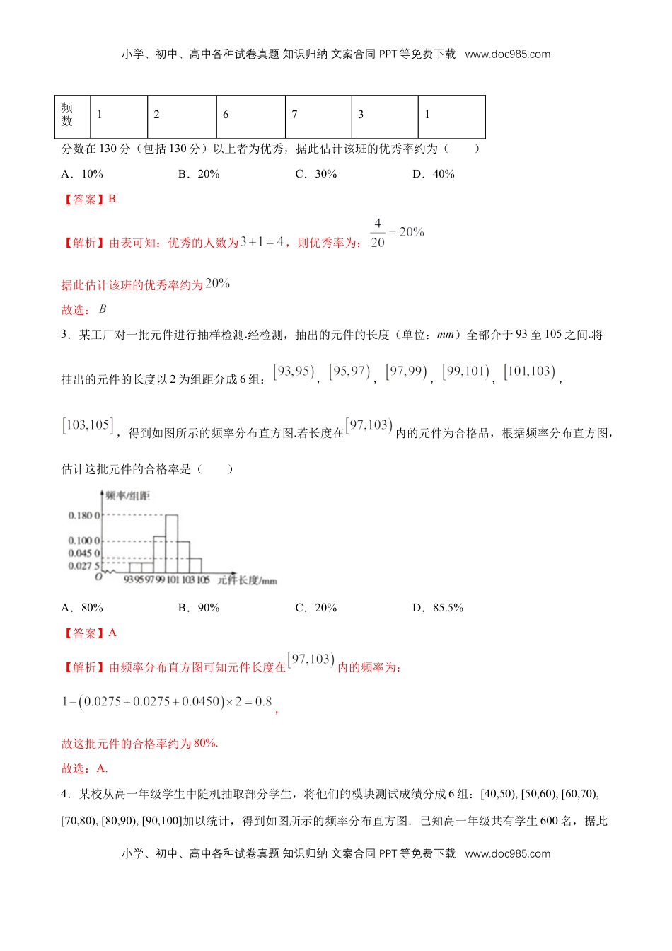 高中数学 必修2   【新教材精创】9.2.1 总体取值规律的估计（第1课时）频率分布直方图 同步练习（2）（解析版）.docx