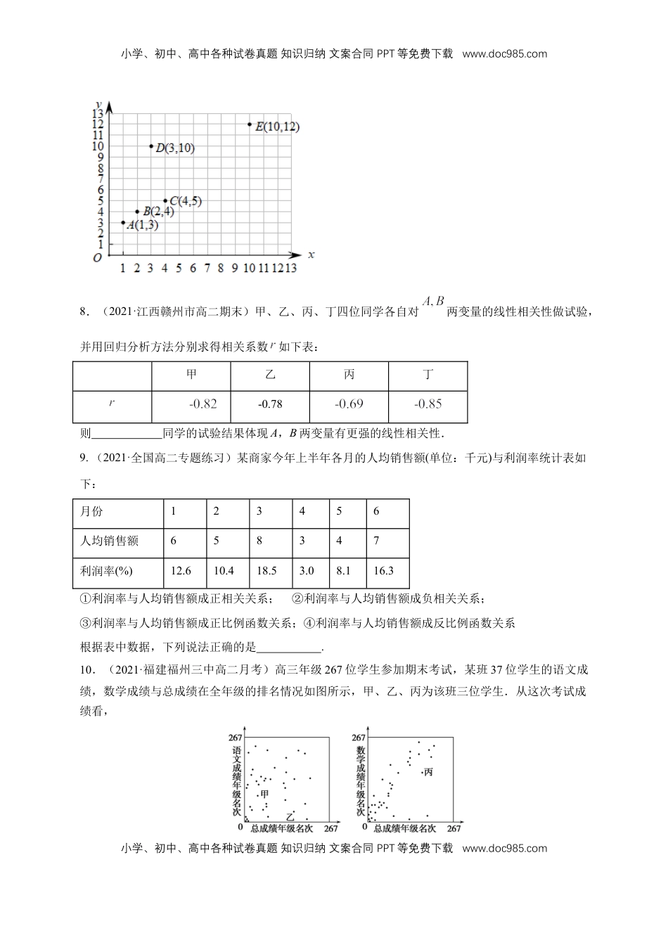 高中数学 选修3【格致课堂】8.1 成对数据的相关关系 ---B提高练（原卷版）.docx
