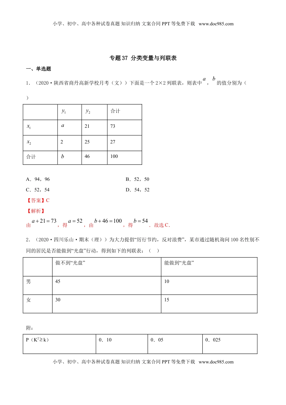高中数学 选修3专题37 分类变量与列联表（解析版）.doc
