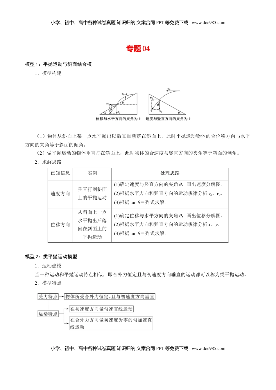 高中物理 必修2  专题04  平抛运动的三类模型【知识梳理】-高一物理下学期期中专项复习（新教材人教版）.doc