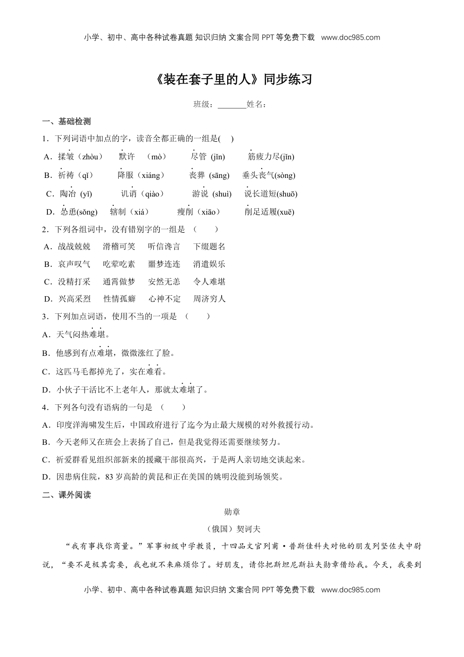 高中语文 必修下  6.13.2 《装在套子里的人》同步练习（2）（原卷版）.docx