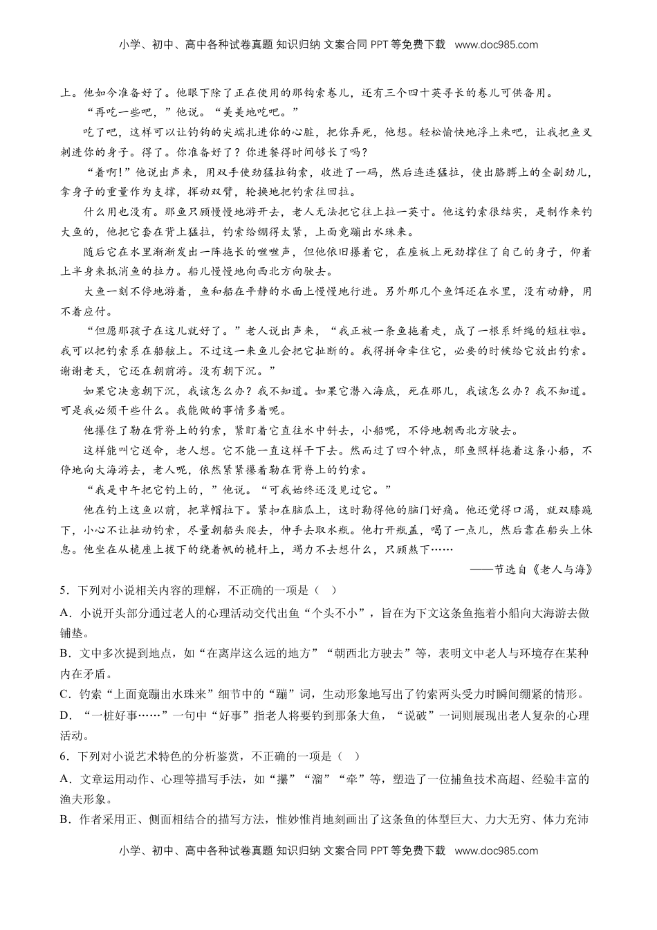 高中语文 选修上  10《老人与海（节选）》课后巩固（原卷版）-【上好课】2022-2023学年高二语文选择性必修上册同步备课系列（统编版）_new(1).docx