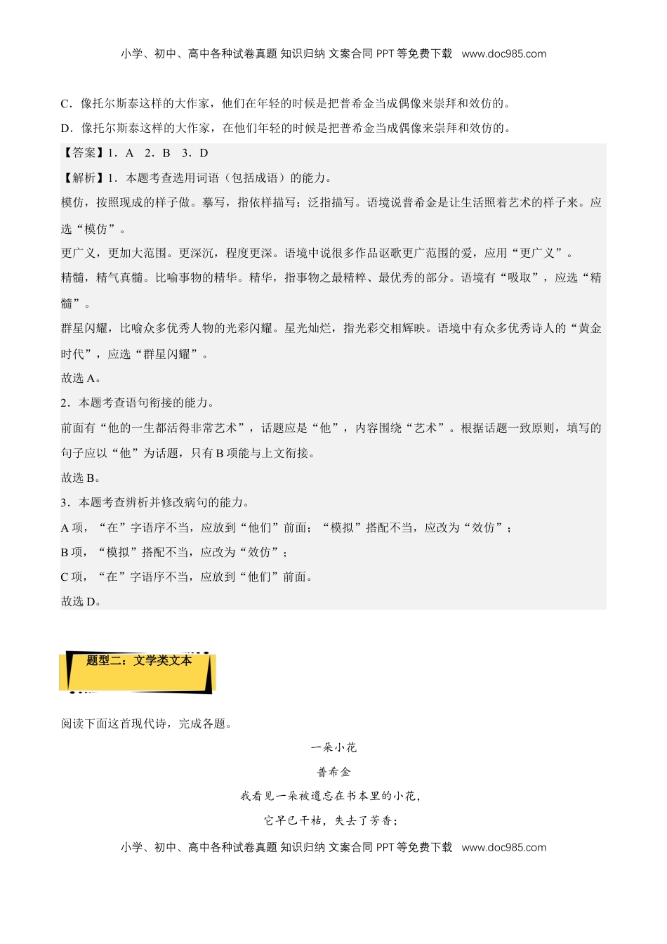 高中语文 选修中  13.2《致大海》（分层作业）（解析版）-2022-2023学年高二语文选择性必修中册同步备课系列（统编版）_new.docx