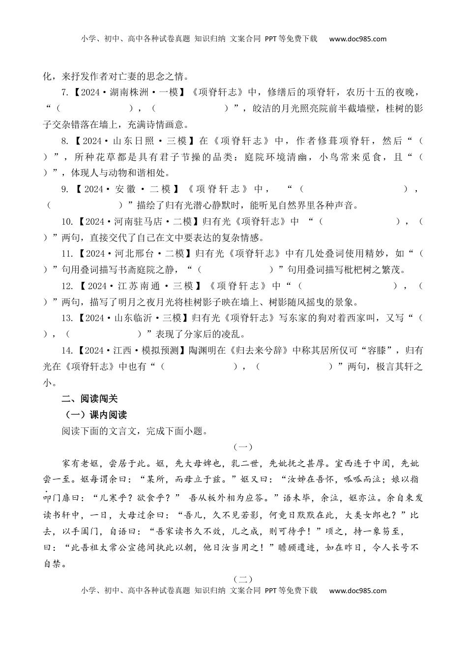 高考语文复习 第10篇《项脊轩志》（原卷版）.docx