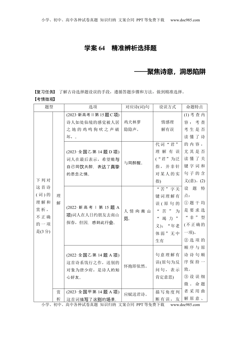 高考语文复习 板块六　学案64　精准辨析选择题——聚焦诗意，洞悉陷阱.docx