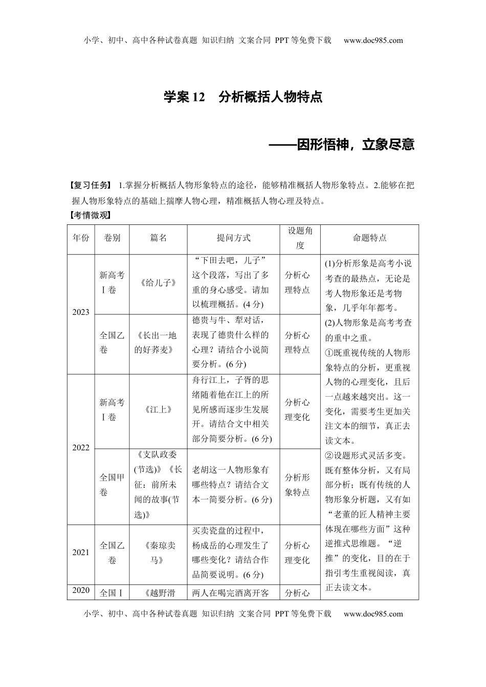 高考语文复习 板块二　学案12　分析概括人物特点——因形悟神，立象尽意.docx