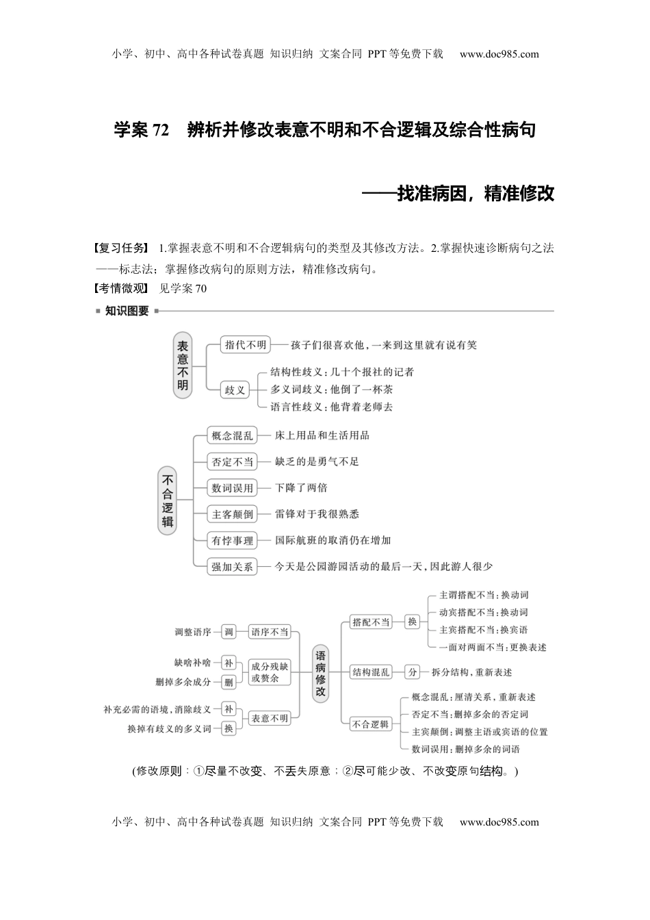 高考语文复习 板块八　学案72　辨析并修改表意不明和不合逻辑及综合性病句——找准病因，精准修改.docx