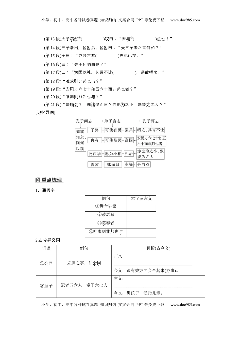 高考语文复习 必修下册(一)　单篇梳理1　子路、曾皙、冉有、公西华侍坐.docx