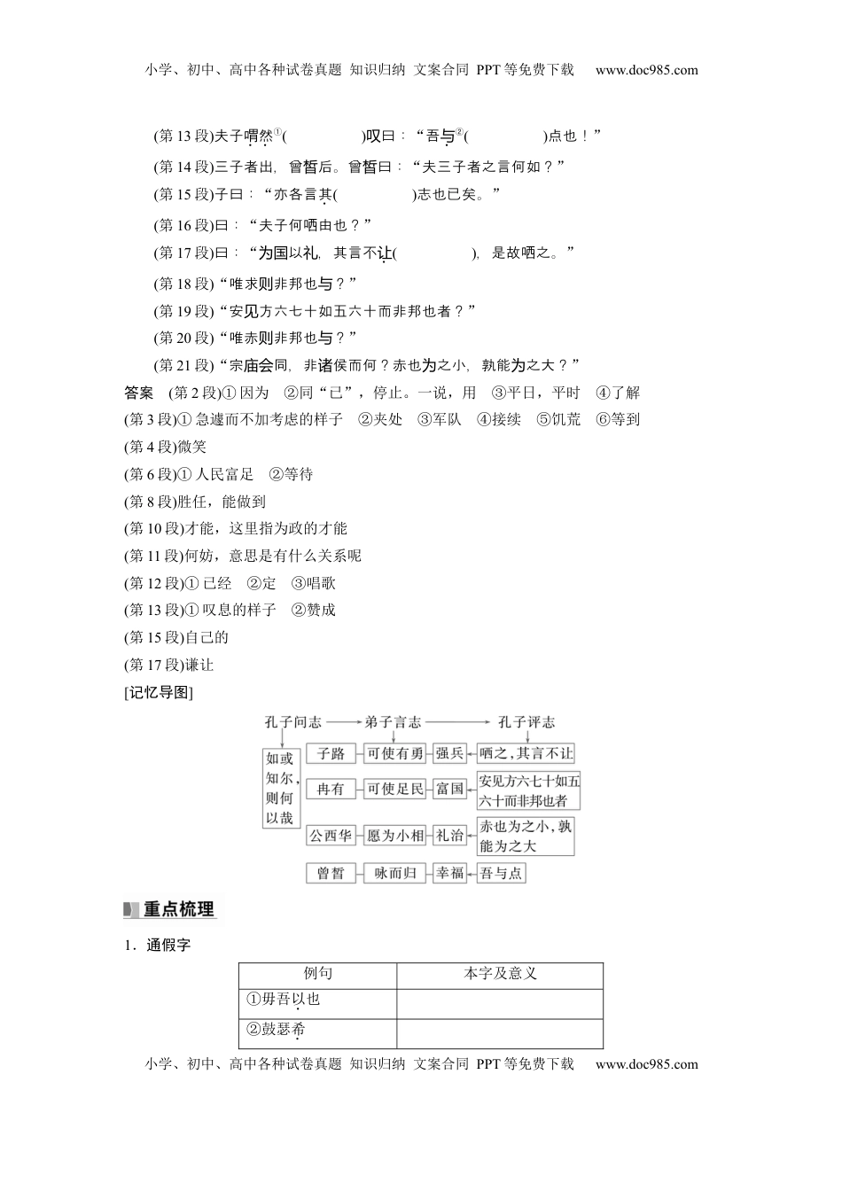 高考语文复习 必修下册(一)　单篇梳理1　子路、曾皙、冉有、公西华侍坐 (1).docx