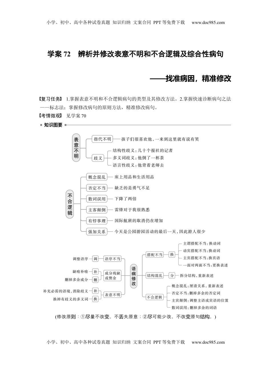高考语文复习 板块八　学案72　辨析并修改表意不明和不合逻辑及综合性病句——找准病因，精准修改 (1).docx