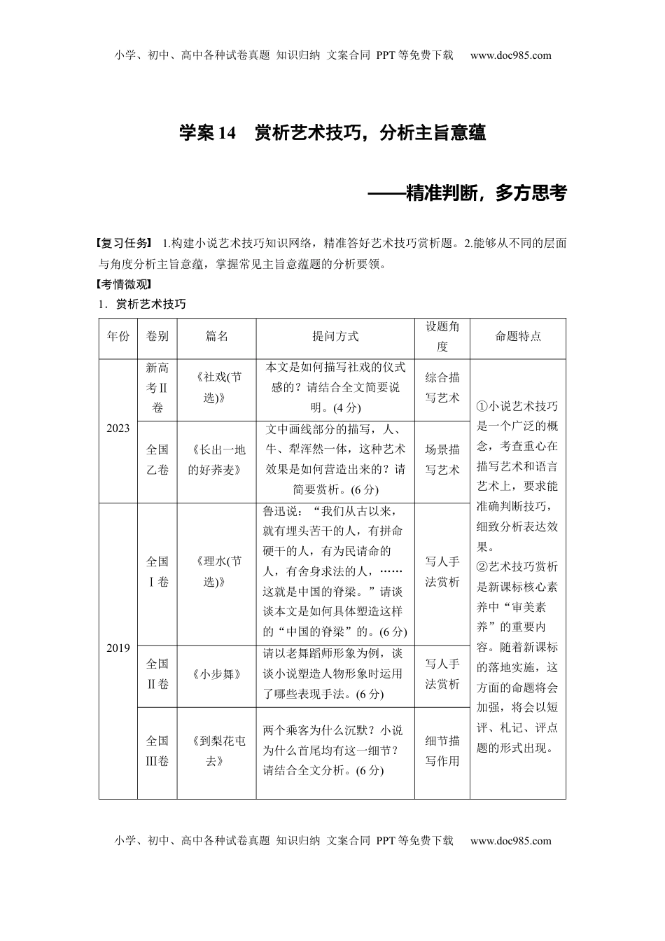 高考语文复习 板块二　学案14　赏析艺术技巧，分析主旨意蕴——精准判断，多方思考 (1).docx