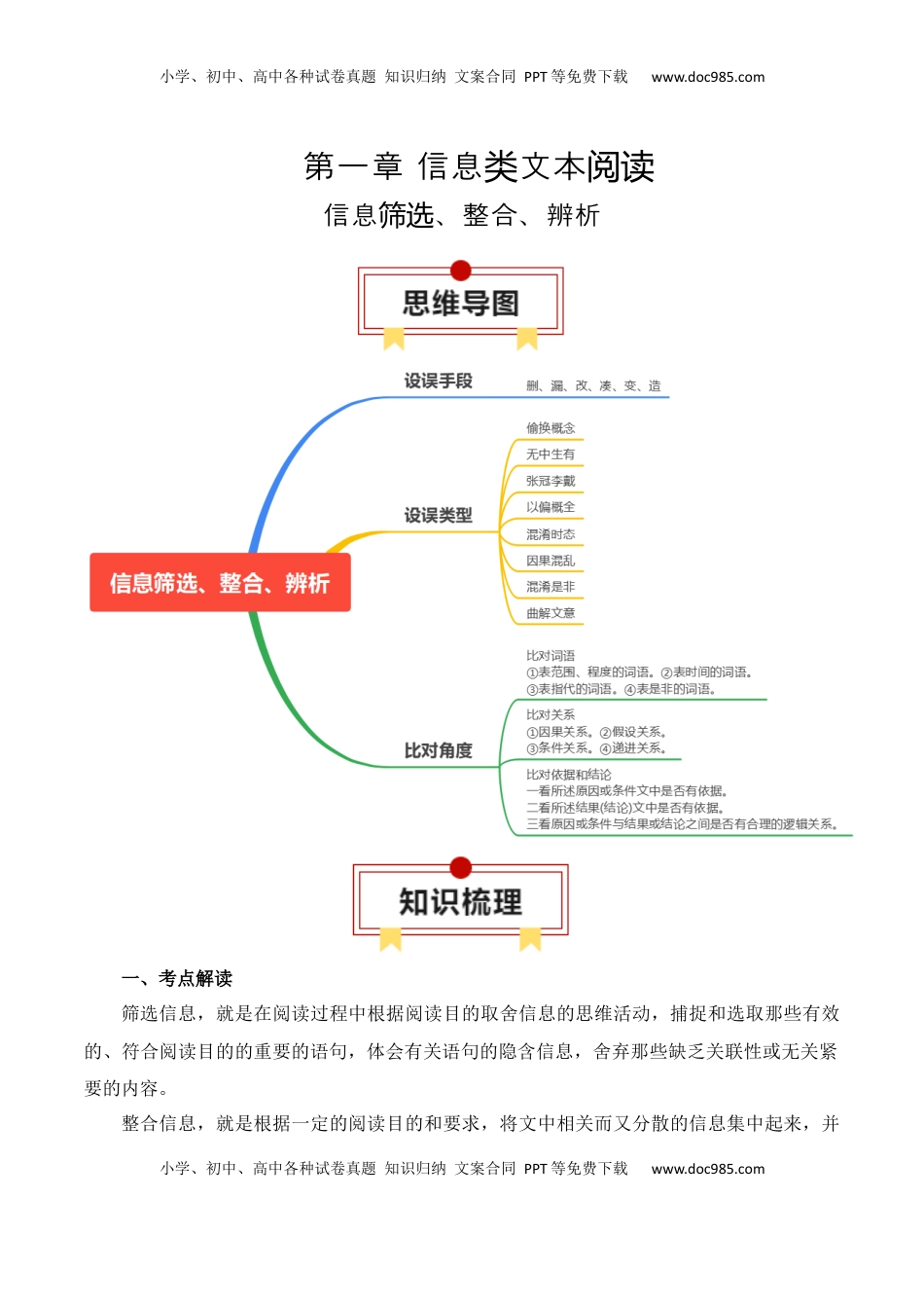 高考语文复习 专题02：信息类文本信息筛选、整合、辨析-【上好课】2025年高考语文一轮复习知识清单（原卷版）.docx