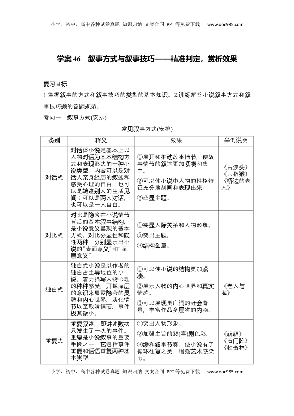高考语文复习 2025届高中语文一轮复习学案46　叙事方式与叙事技巧（含答案）.docx