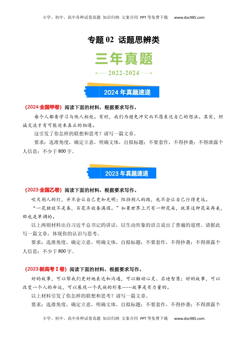 高考语文复习 专题02 话题思辨类-3年（2022-2024）高考1年模拟语文真题分类汇编（全国通用）（原卷版）.docx