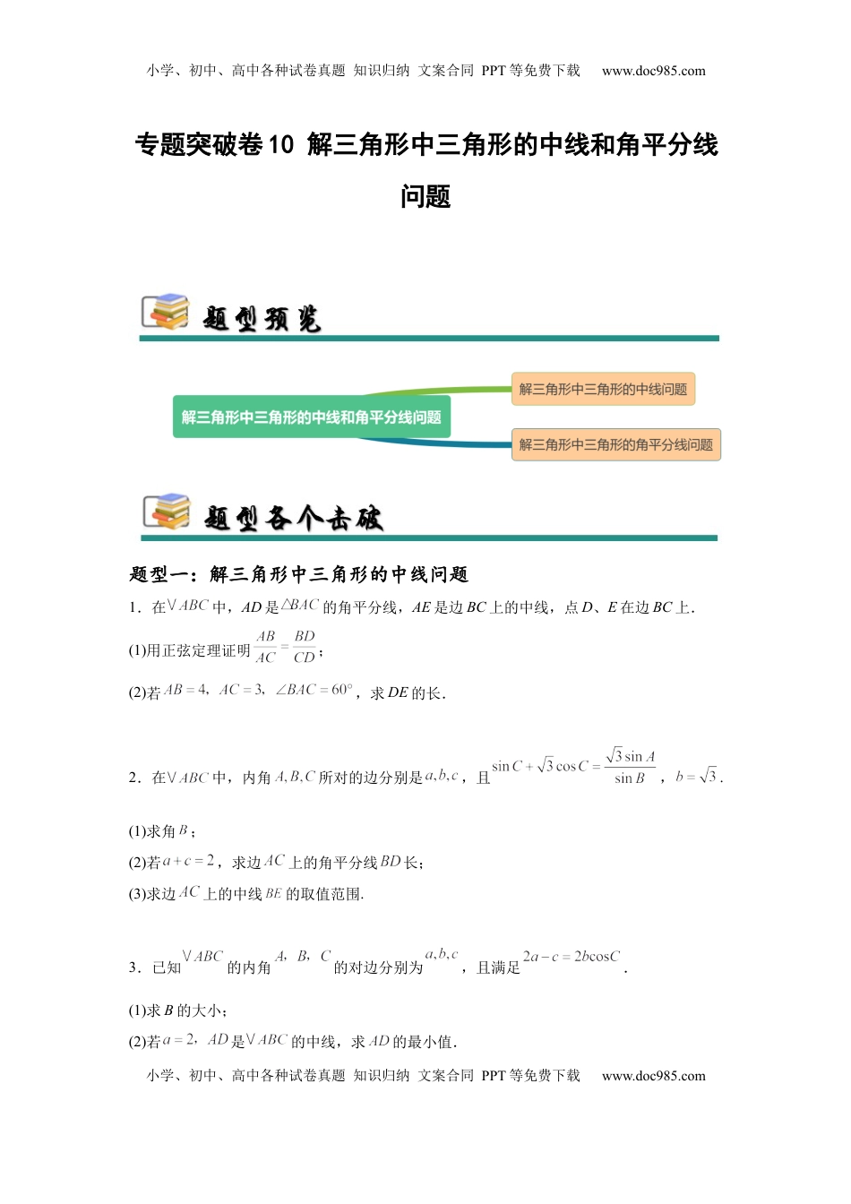 高考数学复习  专题突破卷10 解三角形中三角形的中线和角平分线问题（原卷版）.docx