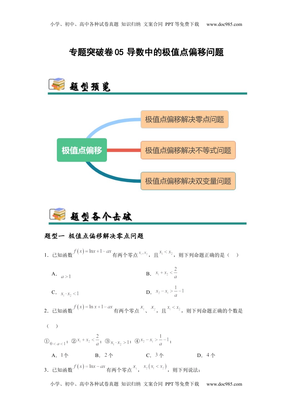 高考数学复习  专题突破卷05 导数中的极值点偏移问题 （原卷版）.docx