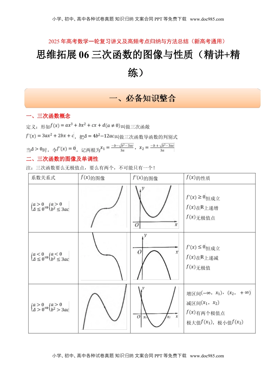 高考数学复习  思维拓展06 三次函数的图像与性质（精讲 精练）-2025年高考数学一轮复习讲义及高频考点归纳与方法总结（新高考通用）原卷版.docx
