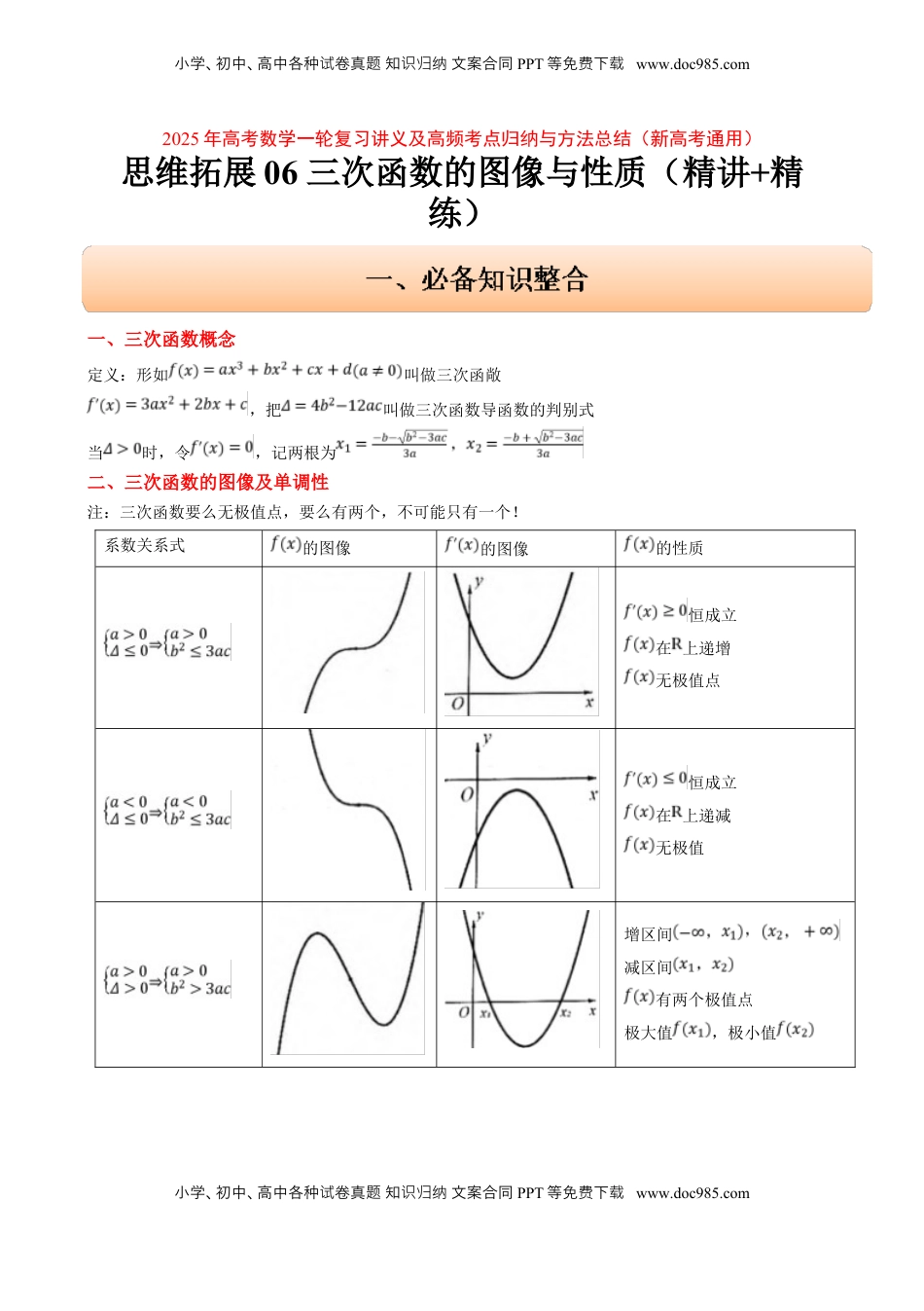 高考数学复习  思维拓展06 三次函数的图像与性质（精讲 精练）-2025年高考数学一轮复习讲义及高频考点归纳与方法总结（新高考通用）解析版.docx