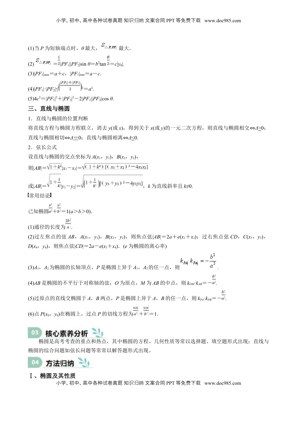 高考数学复习  专题25 椭圆（七大题型 模拟精练 核心素养分析 方法归纳）- （新高考专用） 专题25 椭圆（思维导图 知识清单 核心素养分析 方法归纳）.docx