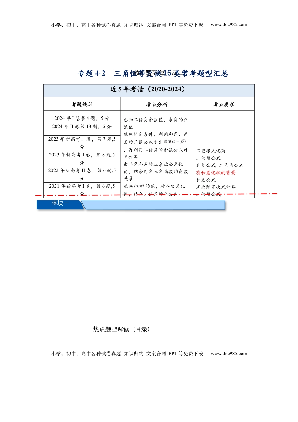高考数学复习  热点专题 4-2 三角恒等变换16类常考题型汇总（原卷版）- 2025年高考数学热点题型追踪与重难点专题突破（新高考专用）.docx
