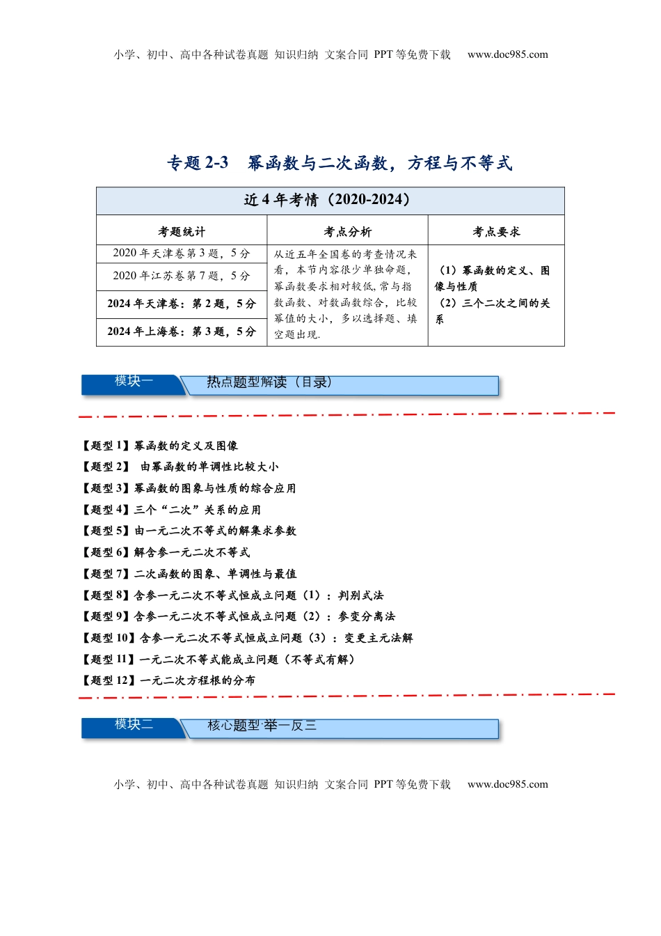 高考数学复习  热点专题 2-3 幂函数与二次函数，方程与不等式（原卷版）-- 2025年高考数学热点题型追踪与重难点专题突破（新高考专用） .docx