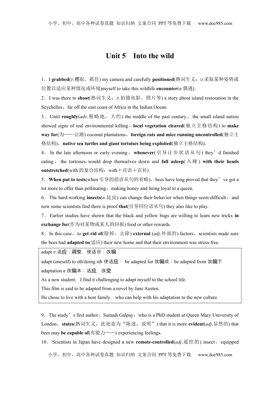 高考英语复习  必修第一册　Unit 5　Into the wild (3).docx