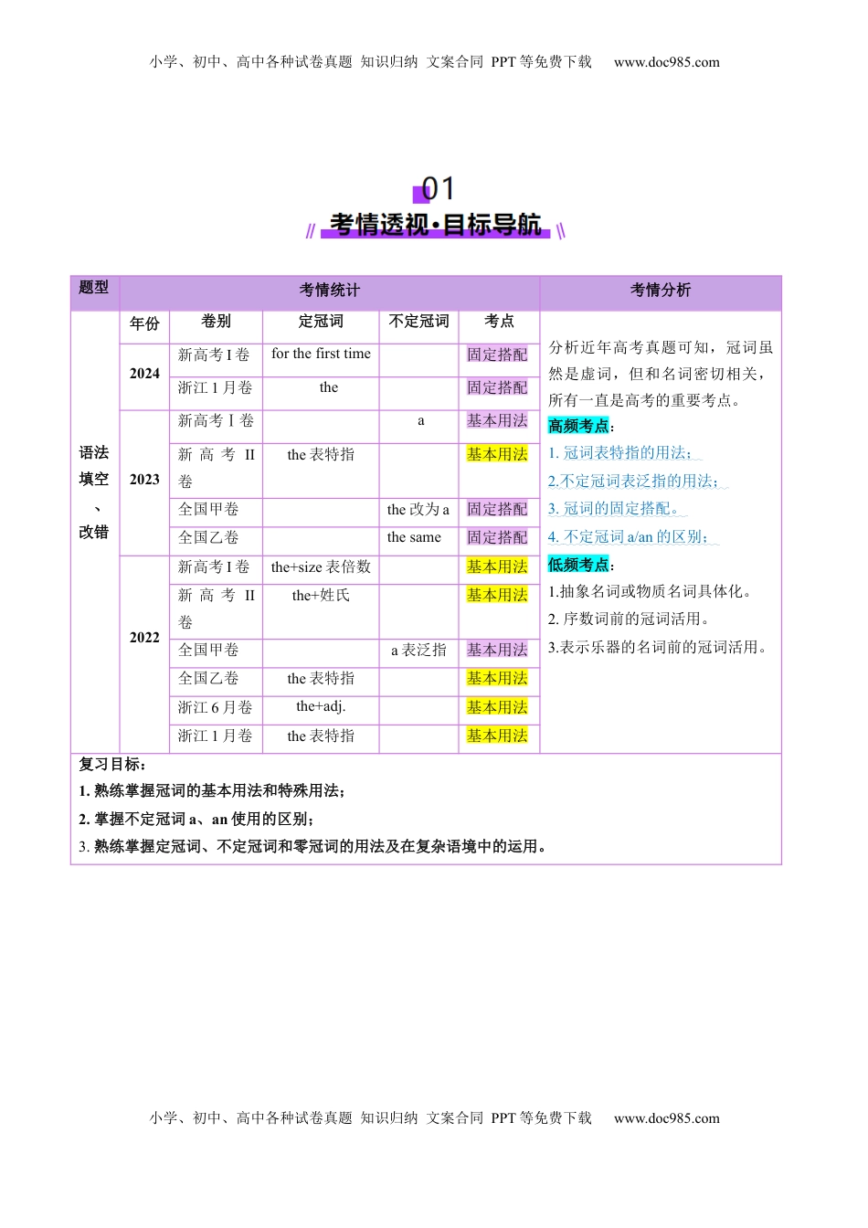 高考英语复习  第2讲 冠词（讲义）（原卷版）.docx