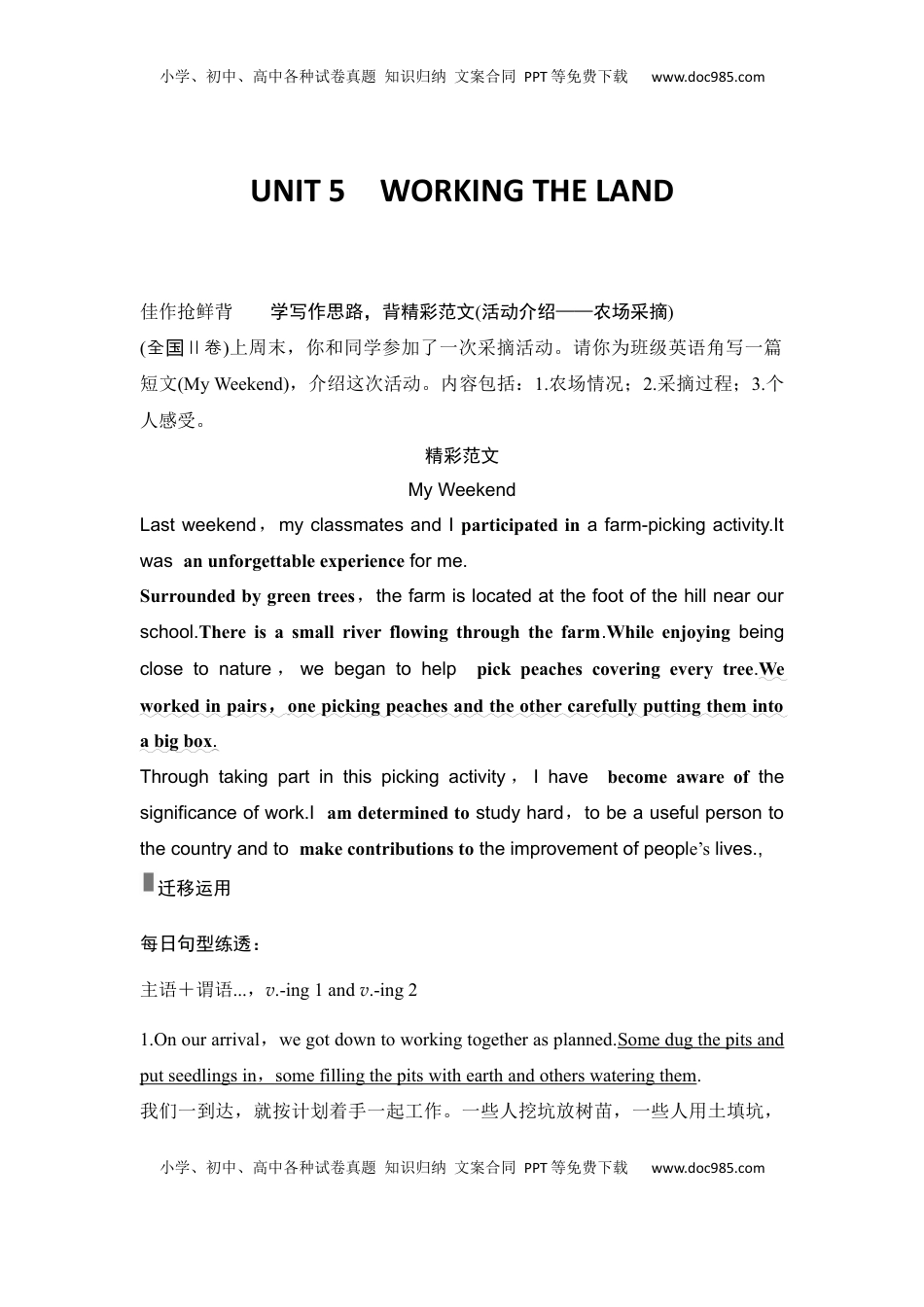 高考英语复习  高中英语2025届一轮复习讲义（人教版）选择性必修第一册：UNIT 5　WORKING THE LAND（教师版）.docx