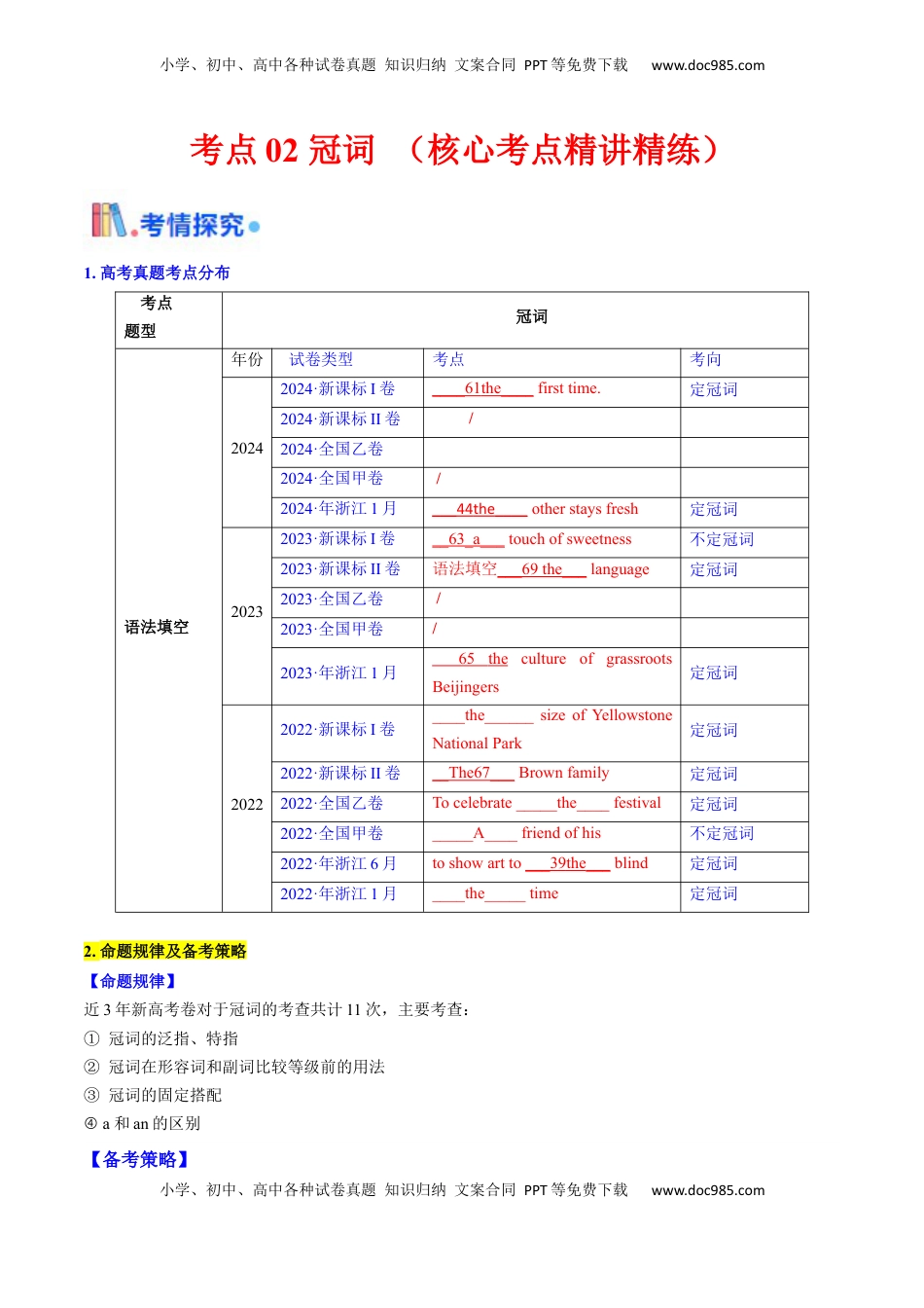 高考英语复习  考点02 冠词（核心考点精讲精练）-备战2025年高考英语一轮复习考点帮（新高考通用）（解析版） .docx