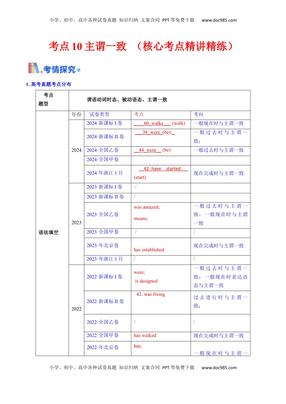 高考英语复习  考点10 主谓一致 （核心考点精讲精练）-备战2025年高考英语一轮复习考点帮（新高考通用）（解析版）.docx