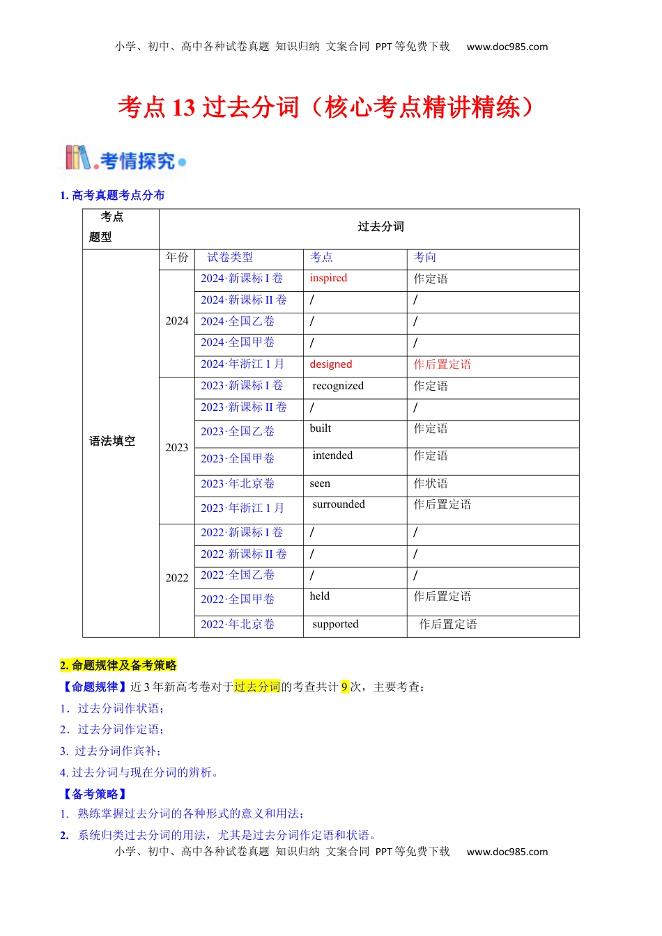 高考英语复习  考点13 过去分词 （核心考点精讲精练）-备战2025年高考英语一轮复习考点帮（新高考通用）（原卷版）  .docx