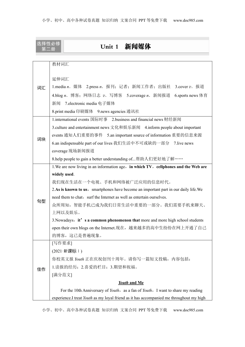 高考英语复习  选择性必修第二册　Unit 1　新闻媒体.docx
