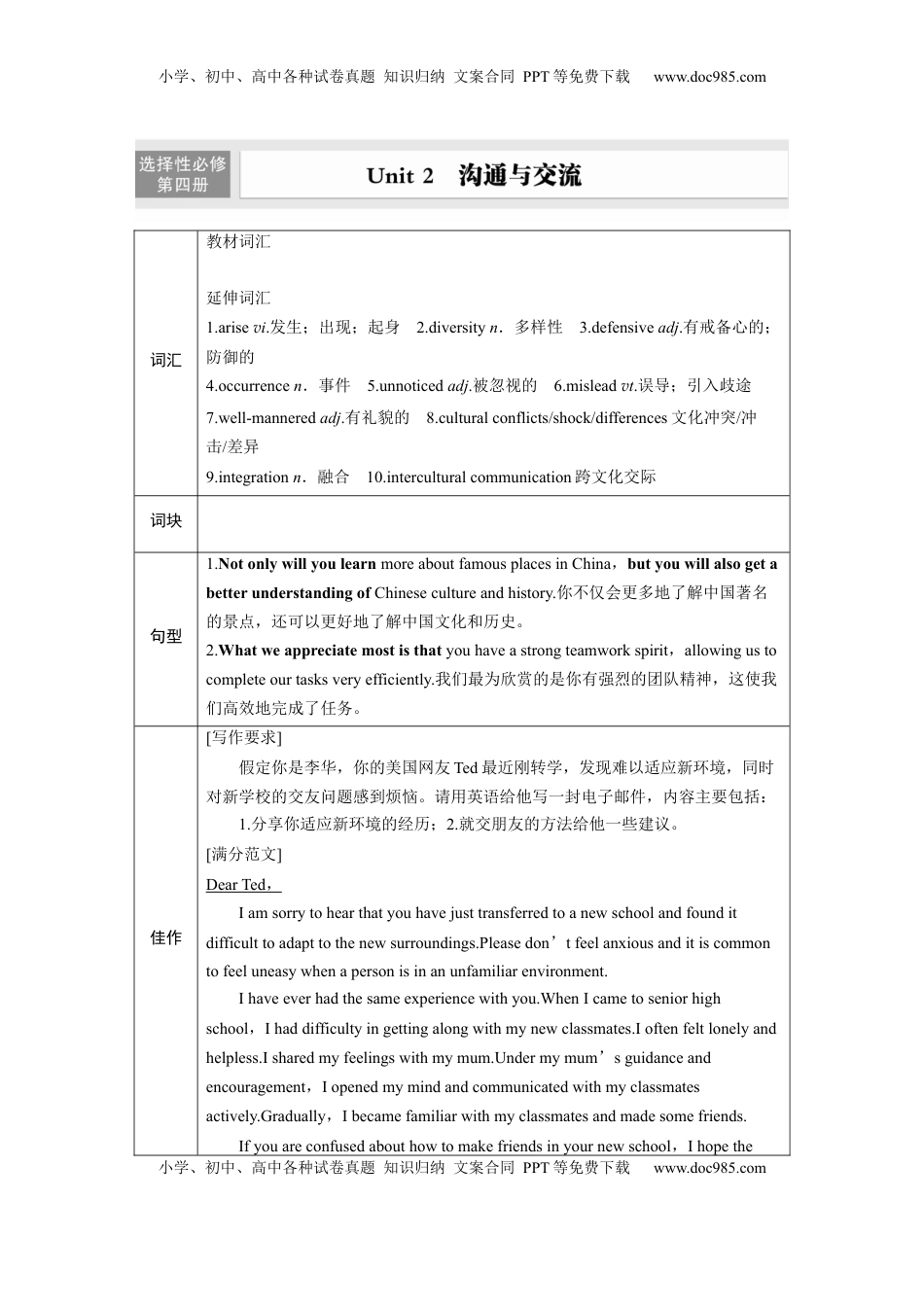 高考英语复习  选择性必修第四册　Unit 2　沟通与交流.docx
