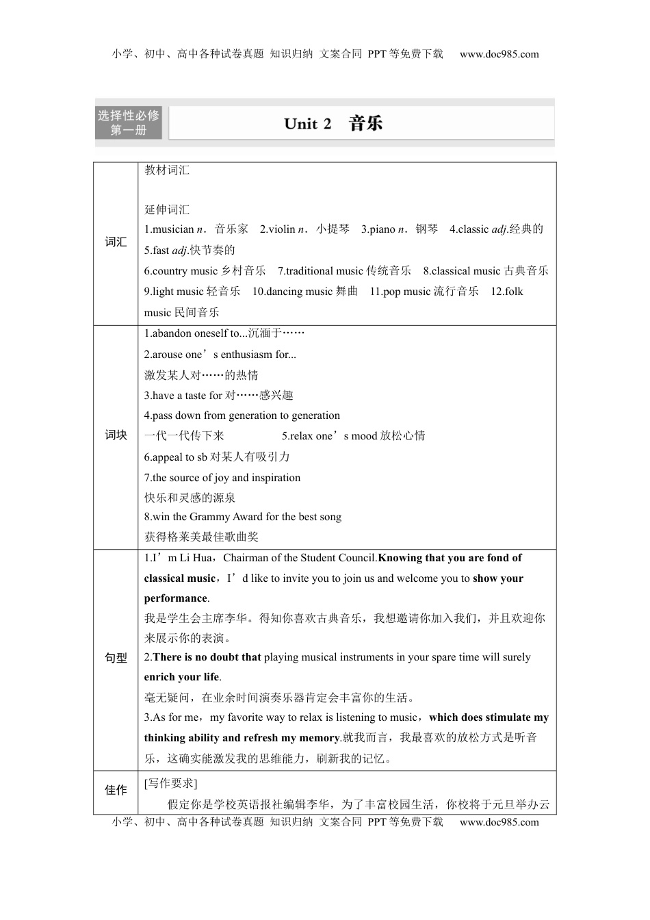 高考英语复习  选择性必修第一册　Unit 2　音乐 (1).docx