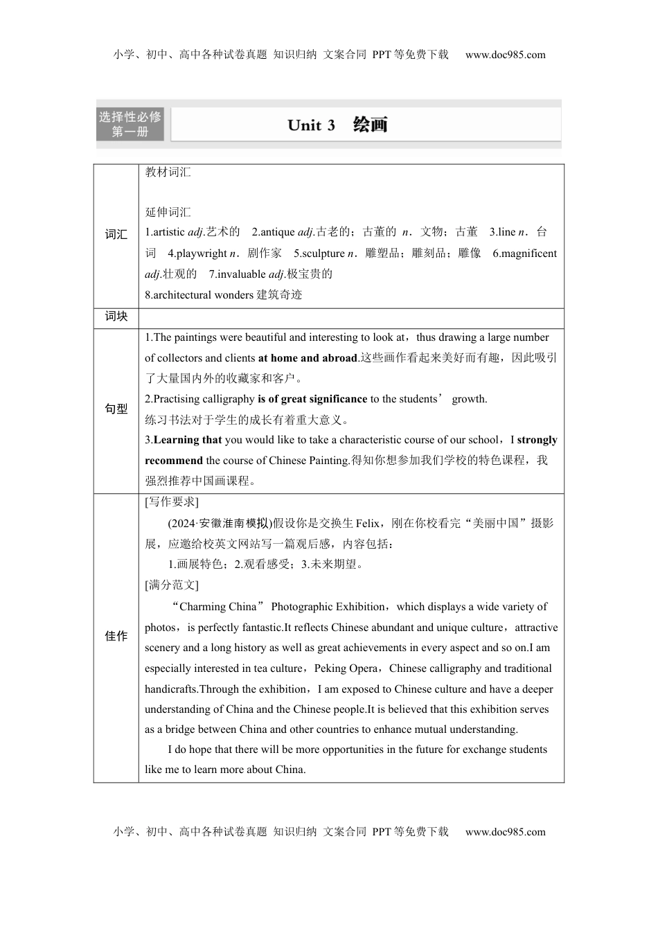 高考英语复习  选择性必修第一册　Unit 3　绘画.docx