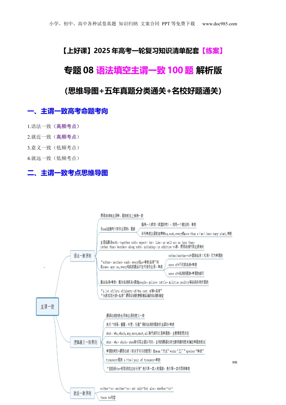 高考英语复习  专题08 语法填空主谓一致100题（练案） -【上好课】2024年高考英语一轮复习知识清单（全国通用）原卷版.docx