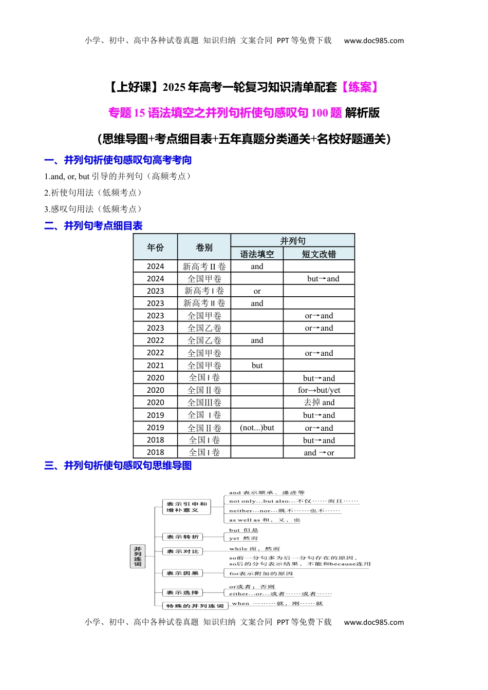 高考英语复习  专题15 语法填空之并列句祈使句感叹句100题（练案）解析版.docx