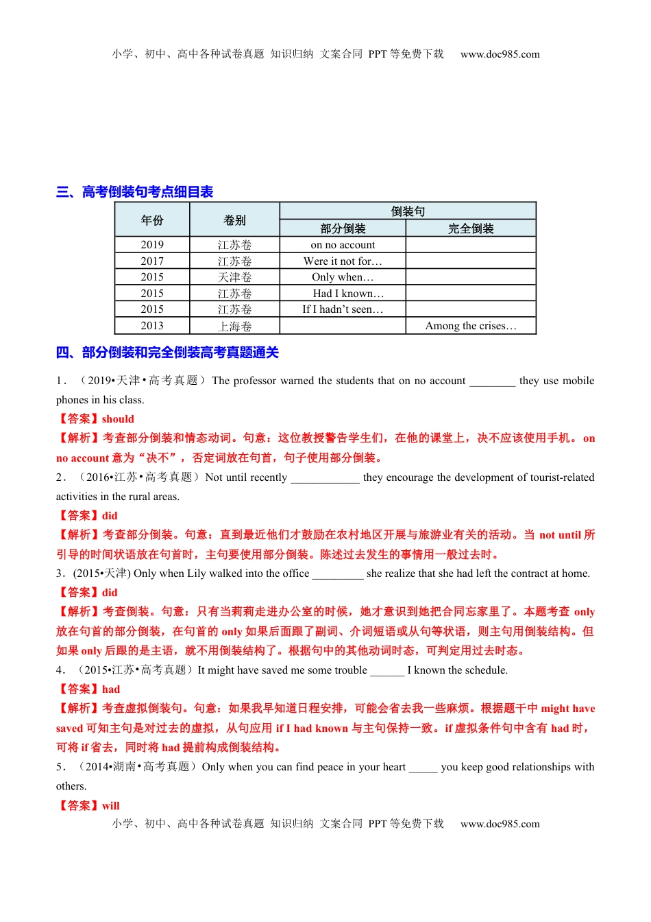 高考英语复习  专题17 语法填空之部分倒装和完全倒装100题（练案）解析版.docx