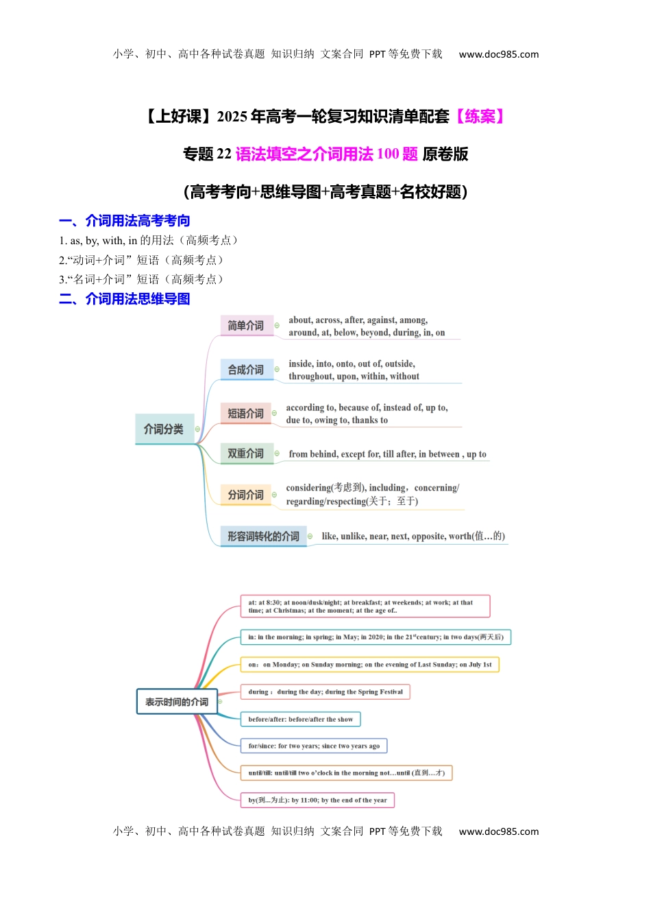 高考英语复习  专题22 语法填空之介词用法100题（练案）原卷版.docx